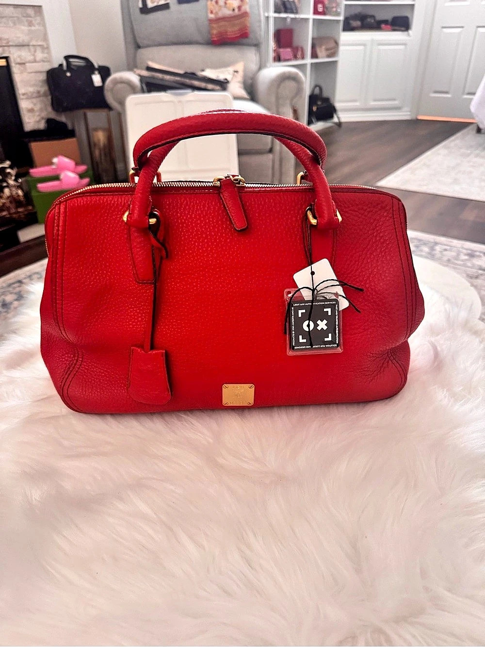 MCM Boston leather Red Satchel Top handle Bag